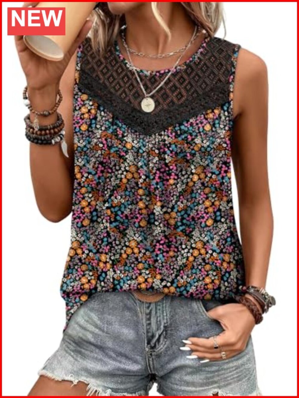 Lace Crochet Sleeveless Tank Top Loose Fit Boho Pleated Crewneck Blouse
